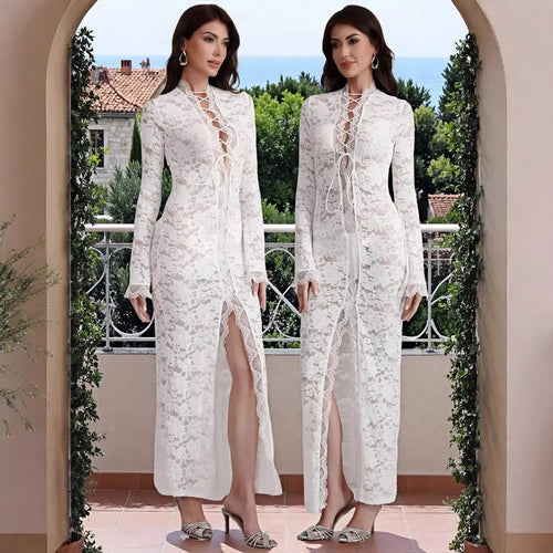 Damen Spitzenmaxikleid mit Schnürung und hohem Beinschlitz Drune