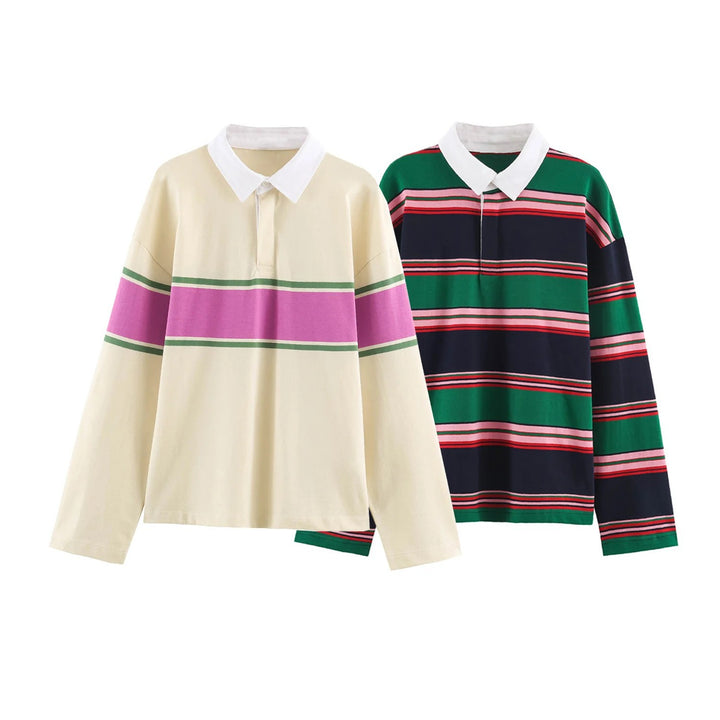 Damen Rugby‑Polo‑Shirt mit Kontrastkragen und breitem Blockstreifen Drune