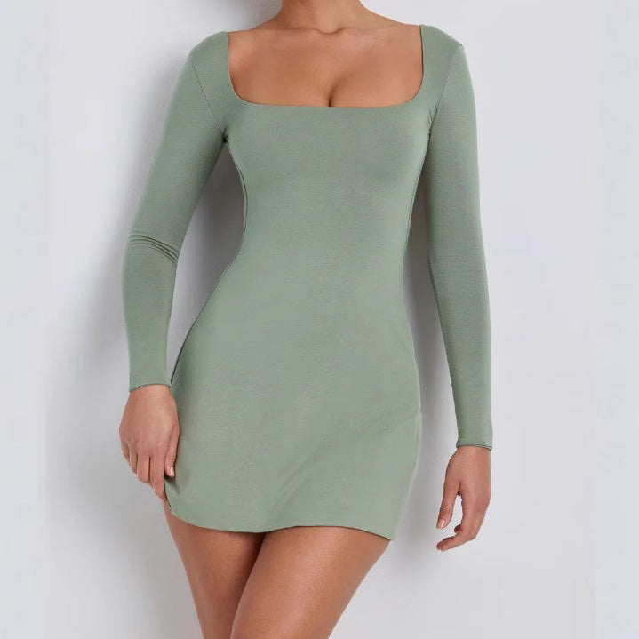 Damen elegantes Minikleid mit weitem U-Ausschnitt und langen Ärmeln Drune