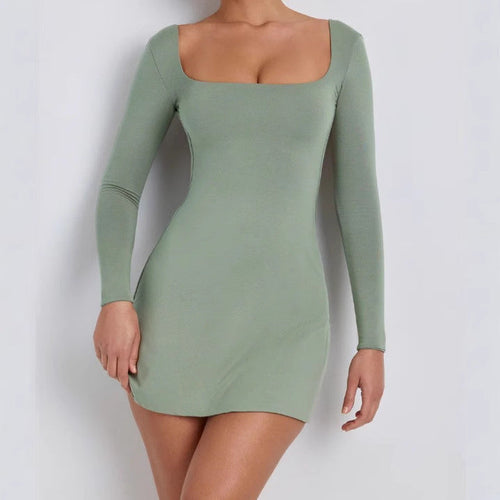 Damen elegantes Minikleid mit weitem U-Ausschnitt und langen Ärmeln Drune