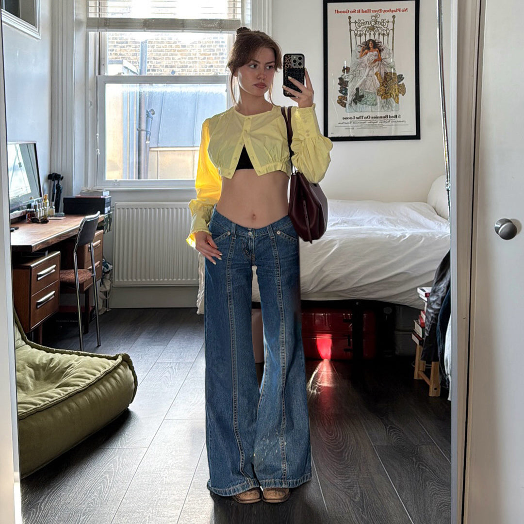 Damen Weite Jeanshose im Retro-Stil mit hohen Bund Drune