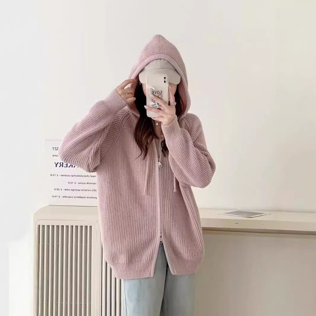Damen gemütlicher Strick-Hoodie mit durchgehendem Reißverschluss und Kordelzug Drune