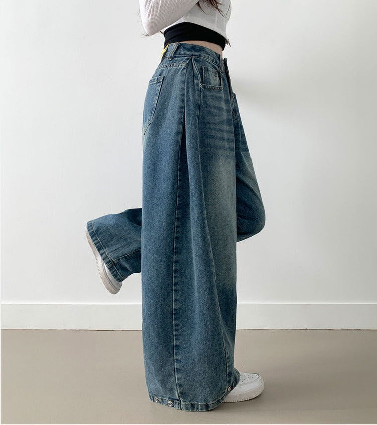 Damen Weite High-Waist Denim-Hose mit Faltenwurf Drune