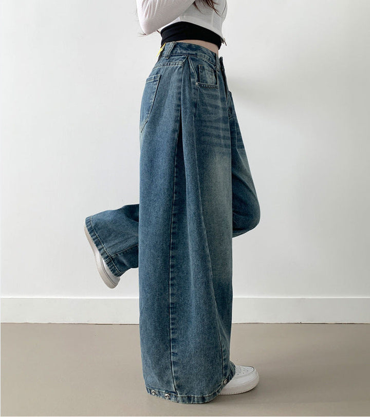 Damen Weite High-Waist Denim-Hose mit Faltenwurf Drune