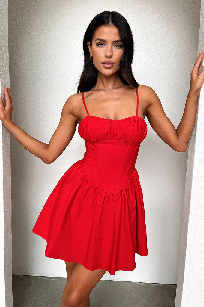 Damen Minikleid mit gerafftem Oberteil und schwingendem Rock Drune