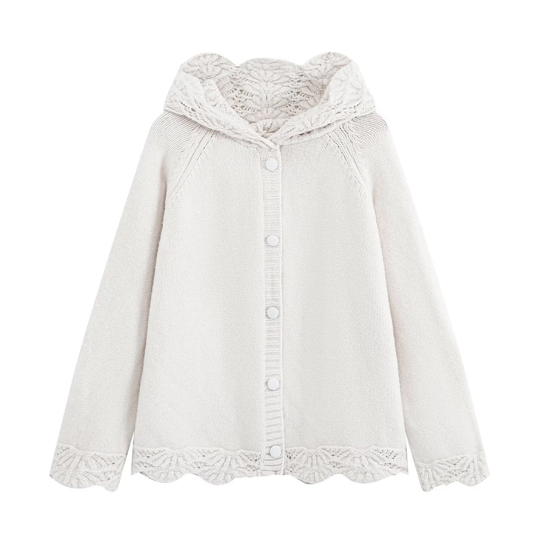 Damen Feinstrick-Cardigan mit Kapuze, Knopfleiste und gehäkelter Borte Drune