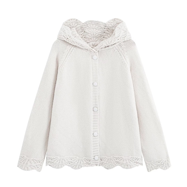 Damen Feinstrick-Cardigan mit Kapuze, Knopfleiste und gehäkelter Borte Drune