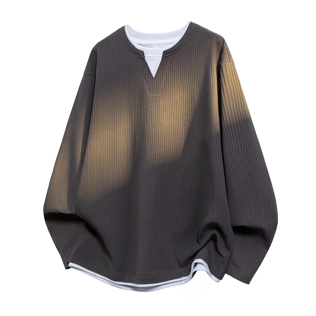 Herren Oversized Waffelstruktur-Sweatshirt mit V-Ausschnitt und Lagenoptik Drune