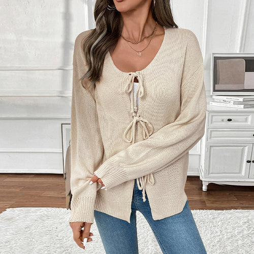 Damen Lässiger Strickpullover mit dreifacher Schnürfront, Rundhalsausschnitt und Oversize-Silhouette Drune