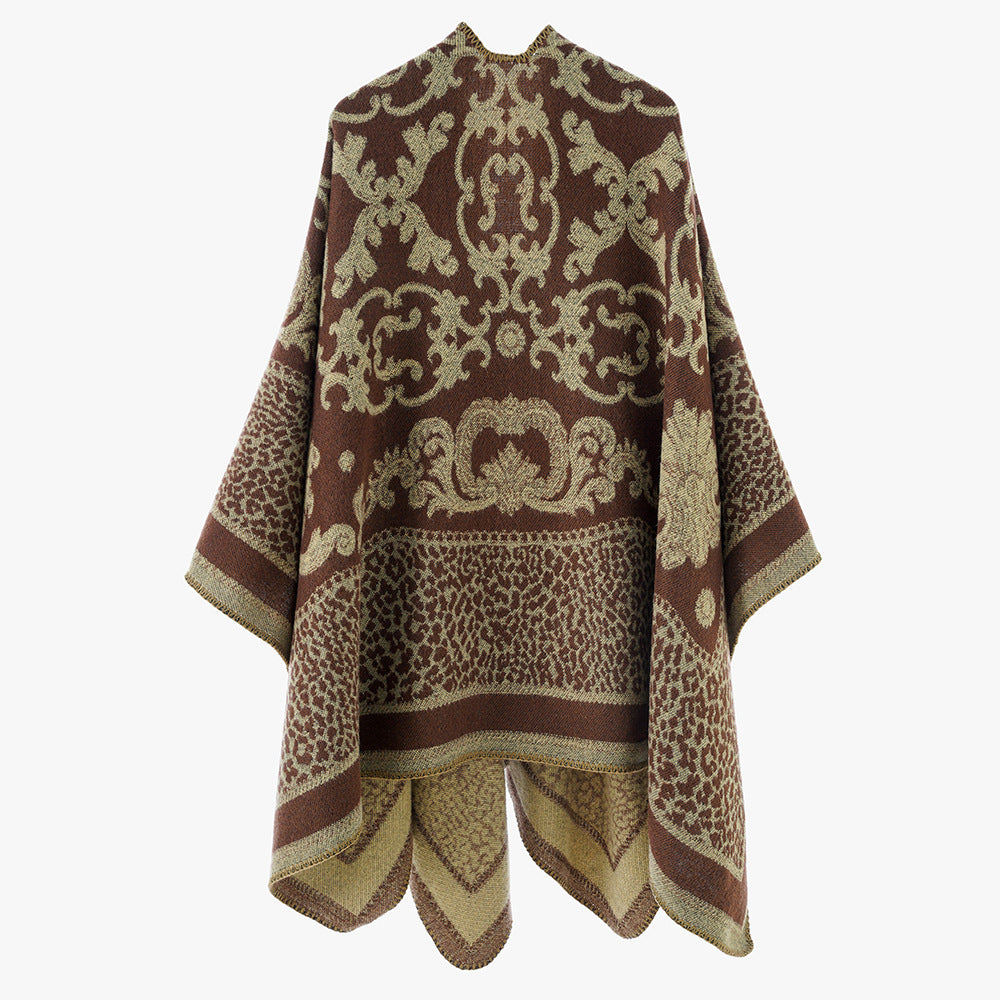 Damen Jacquard‑Wollmix Capeponcho mit Barock‑ und Animalmuster Drune
