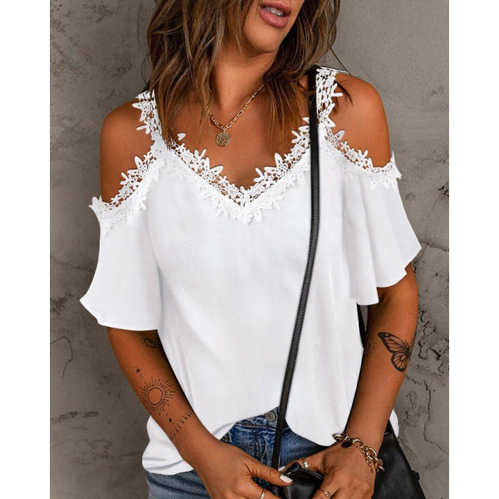 Damen Cold-Shoulder Spitzenbesatz Oberteil Drune