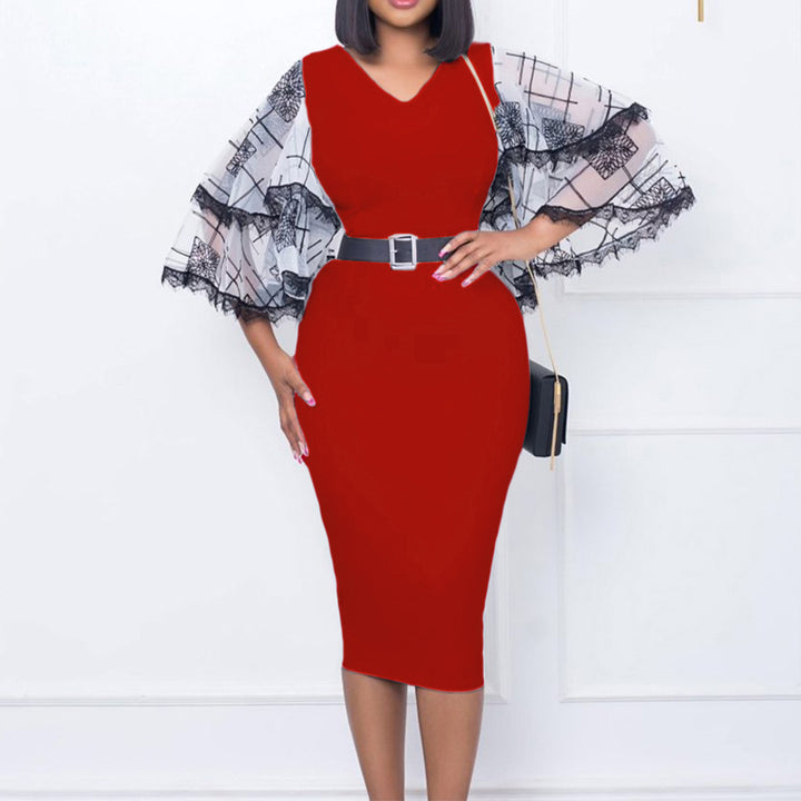 Damen Elegantes Etuikleid mit transparenten Spitzenärmeln und Gürtel Drune