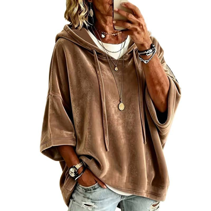 Damen Luxuriöser Samt-Hoodie mit Kimono-Kurzärmeln und Tunnelzug Drune