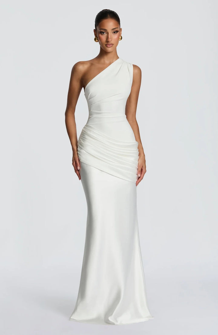 Damen elegantes asymmetrisches Satin-Abendkleid mit Drapé-Design Drune