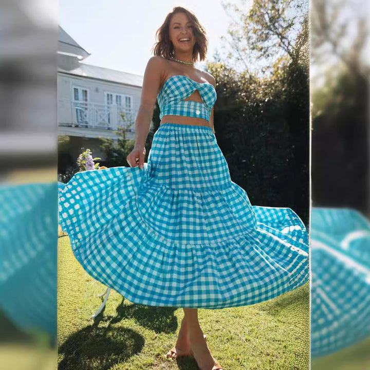 Damen Zweiteiliges Set im Gingham-Stil mit Crop-Top und voluminösem Rock Drune