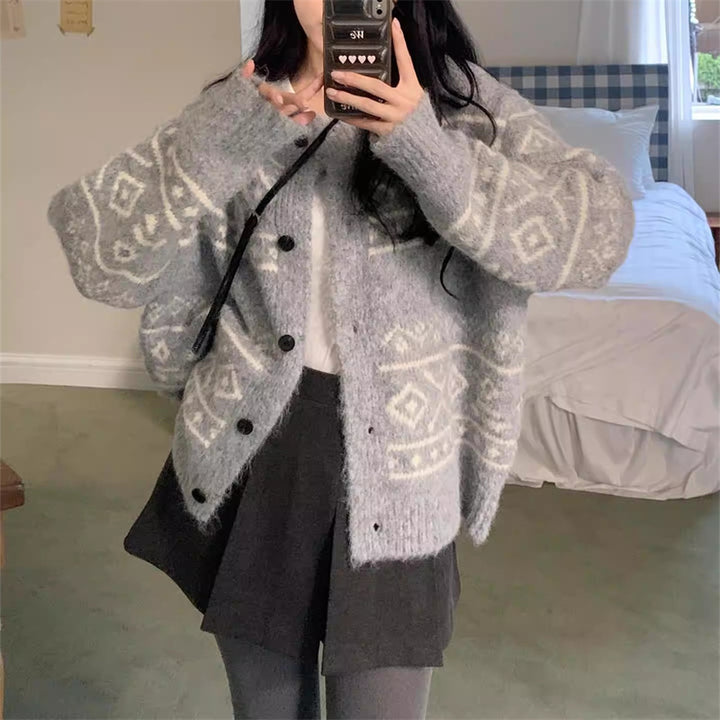Damen Gemusterte Strickjacke aus weichem Material mit Knopfverschluss Drune
