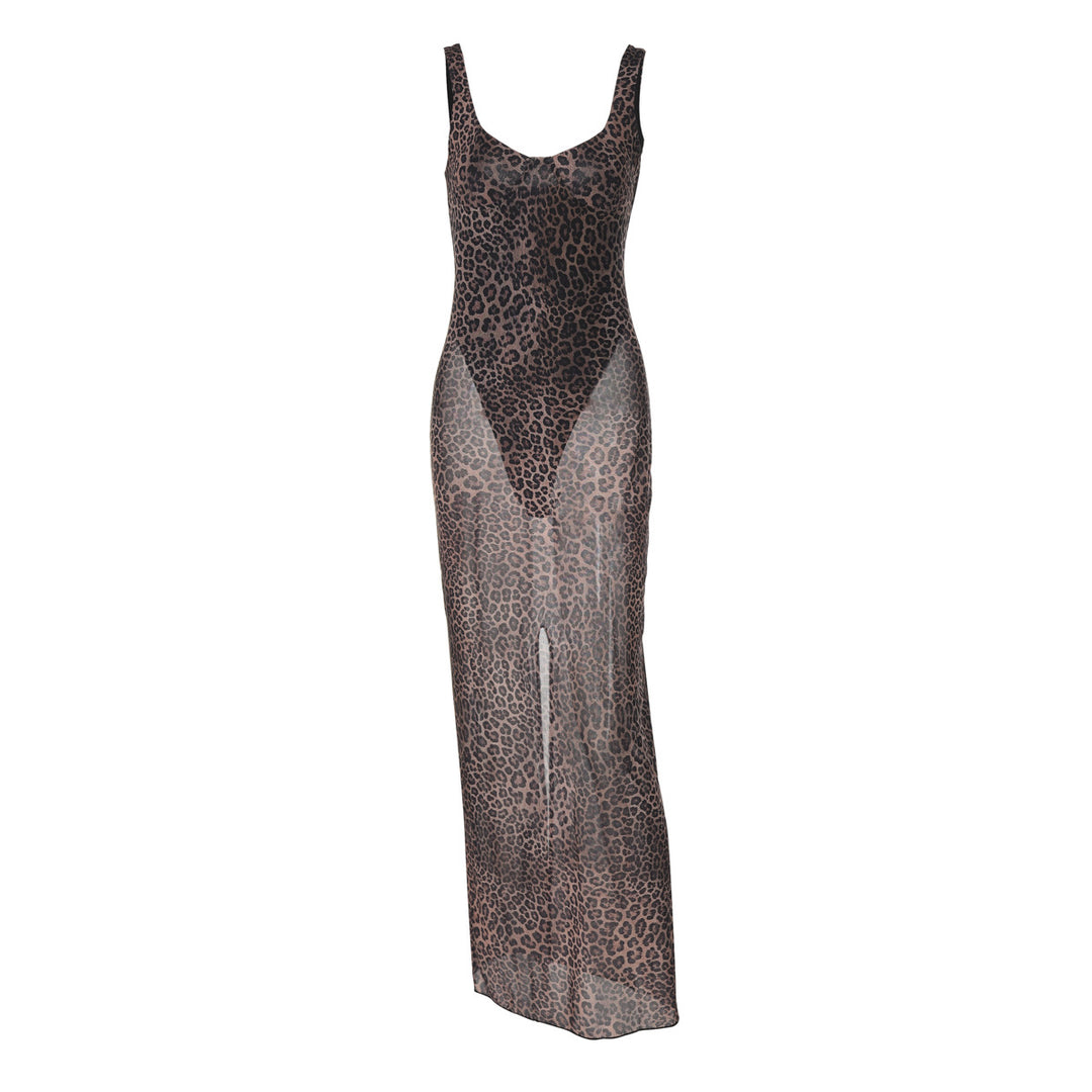 Damen Transparentes Maxikleid mit Leopardenmuster Drune