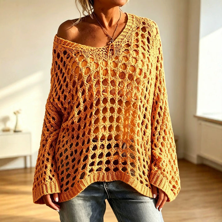 Damen Lockerer gehäkelter Oversize-Ajour-Pullover mit V-Ausschnitt Drune