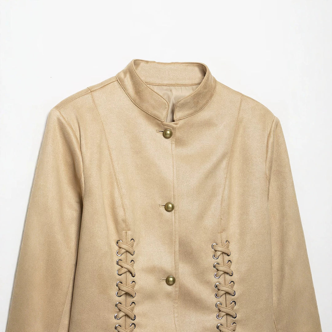Damen Veloursleder-Kurzjacke mit Schnürung und Stehkragen Drune