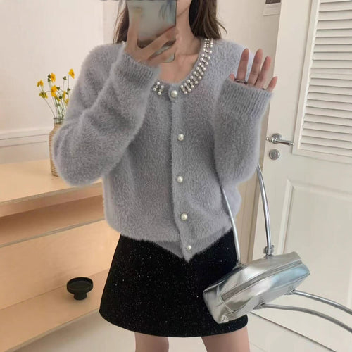 Damen Kuschelige Cardigan mit Perlen-Dekor Drune