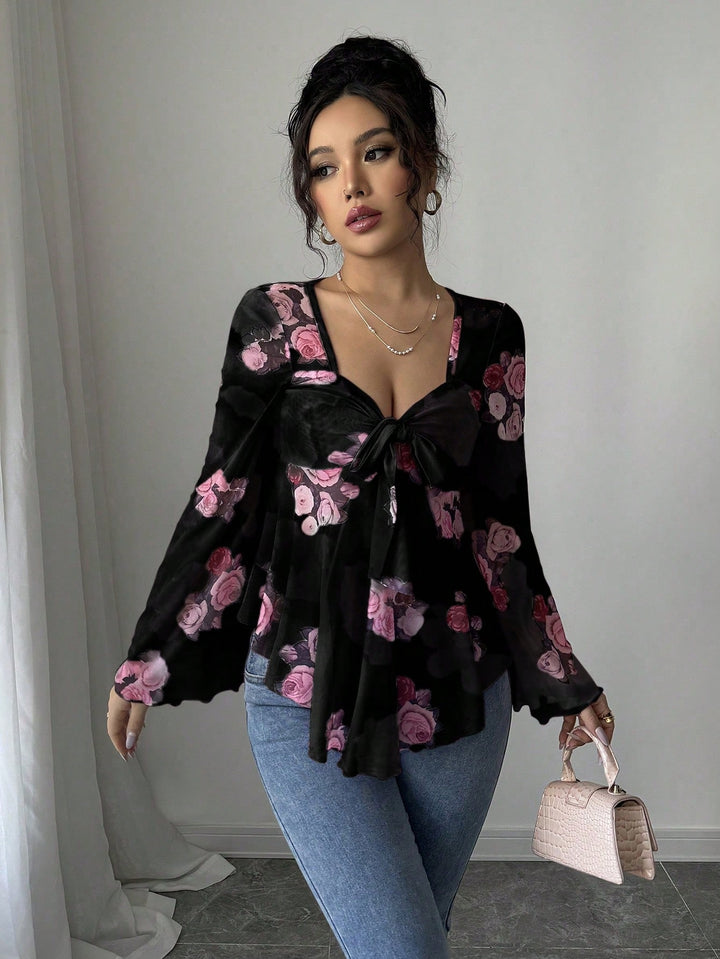 Damen Transparente Chiffon-Babydoll-Bluse mit Knotenfront und floralem Allover-Print Drune