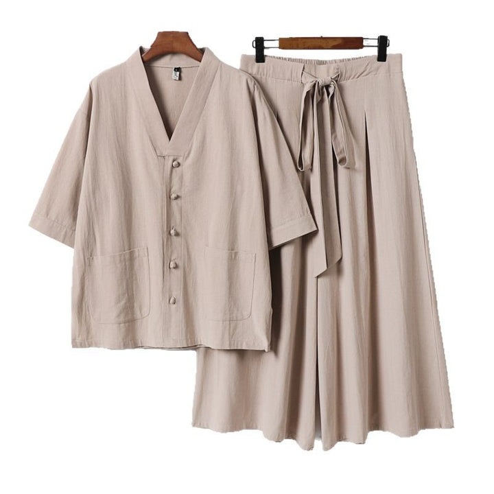 Damen Zweiteiliges Kimono-Lounge-Set mit Kurzarm-Knopfjacke, aufgesetzten Taschen und weiten Palazzo-Hosen Drune