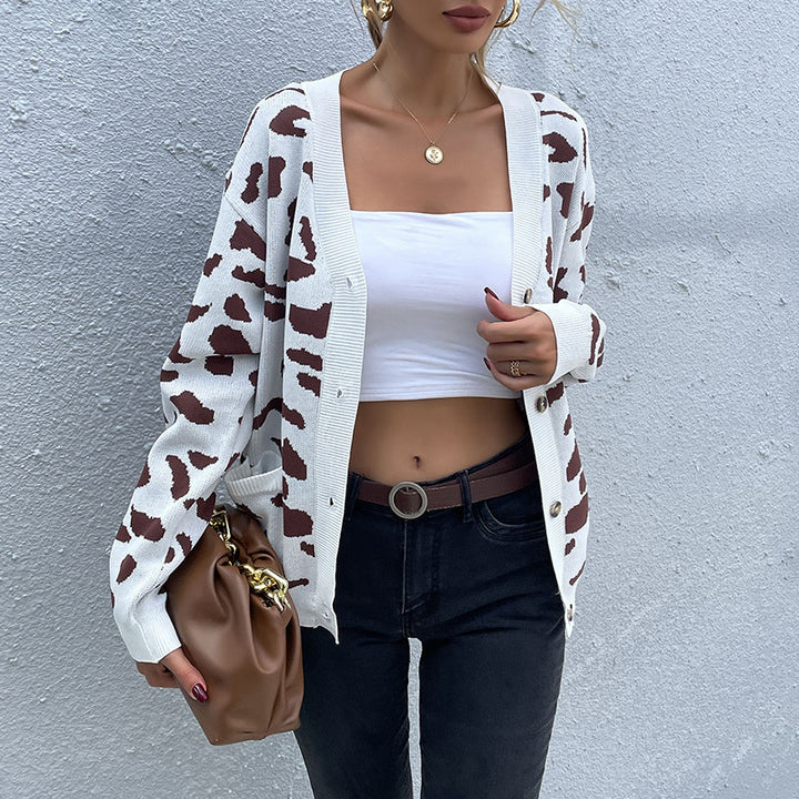 Damen Feinstrick-Cardigan mit kastiger Passform, V‑Ausschnitt und Animal-Jacquard Drune