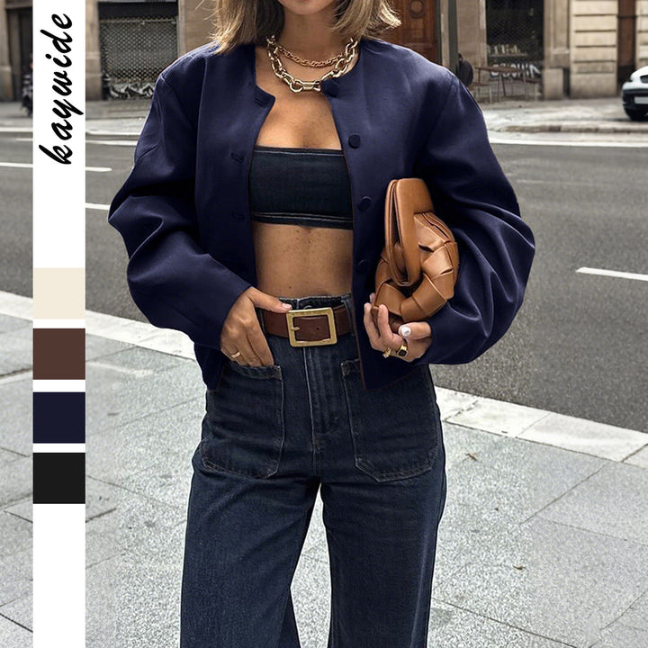 Damen nan oversized Wolljacke mit Druckknopfleiste, kastiger Silhouette und aufgesetzten Taschen Drune
