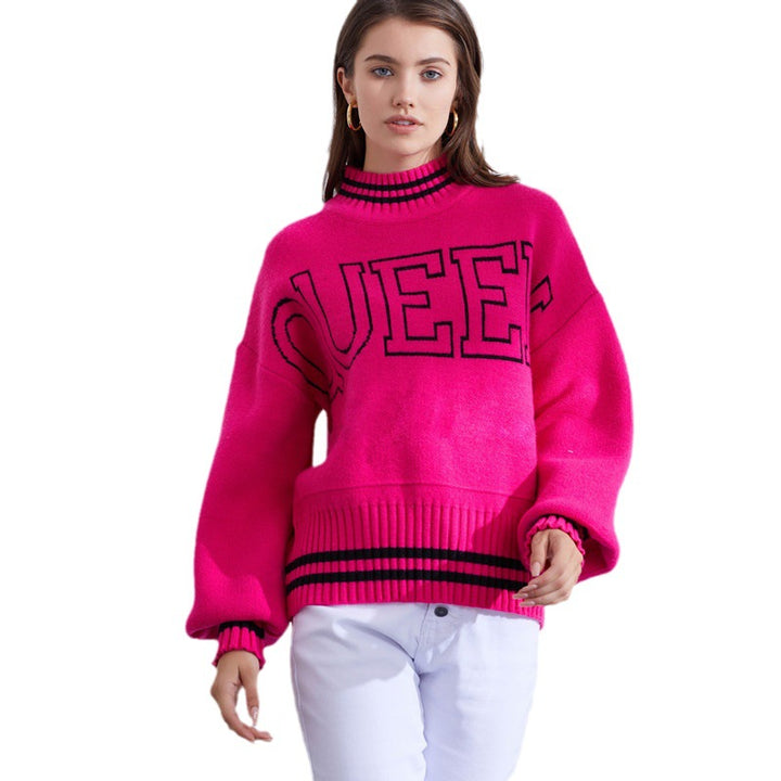 Damen sportlicher Pullover mit hohem Kragen und modischem Schriftzug Drune