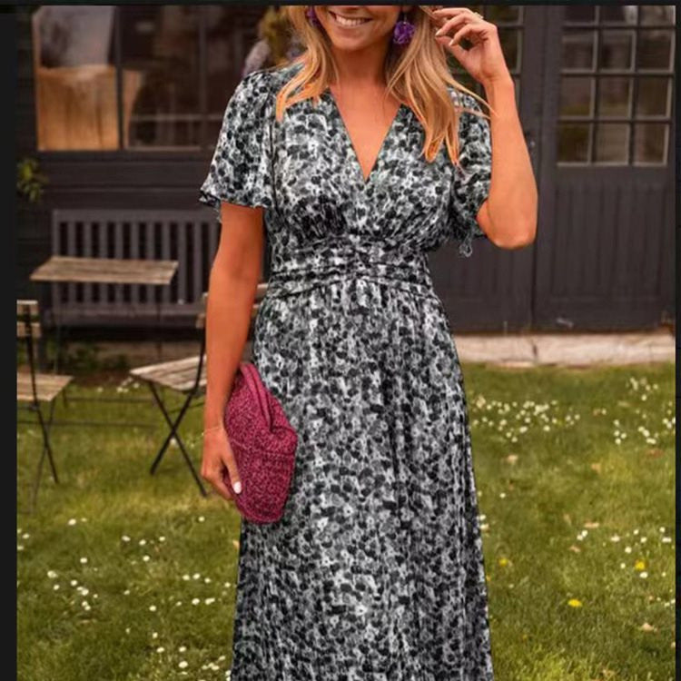 Damen Maxikleid mit elegantem V-Ausschnitt und verspieltem Puffärmel Drune