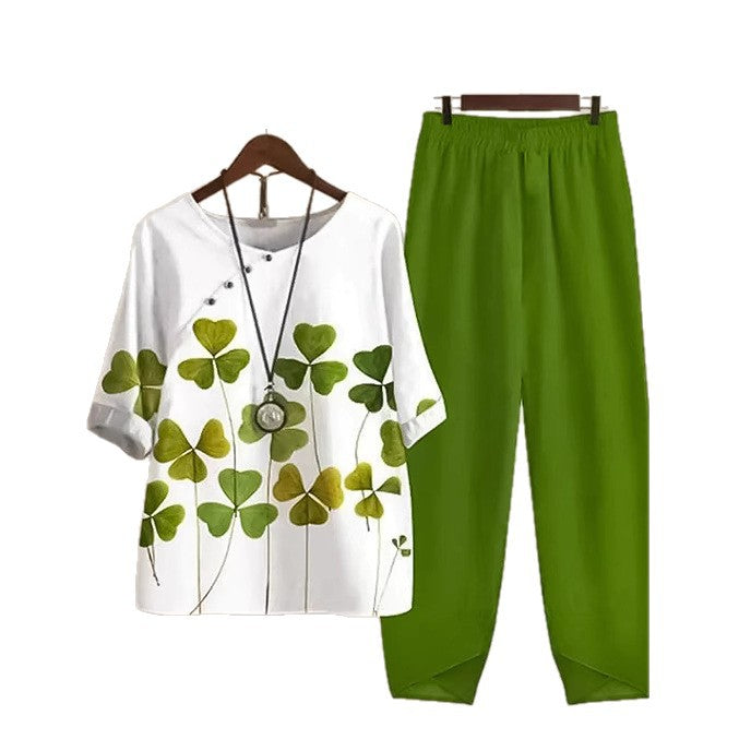 Damen nan zweiteiliges Casual-Ensemble mit Kleeblattprint-Tunika und elastischer Komfortbund-Hose Drune