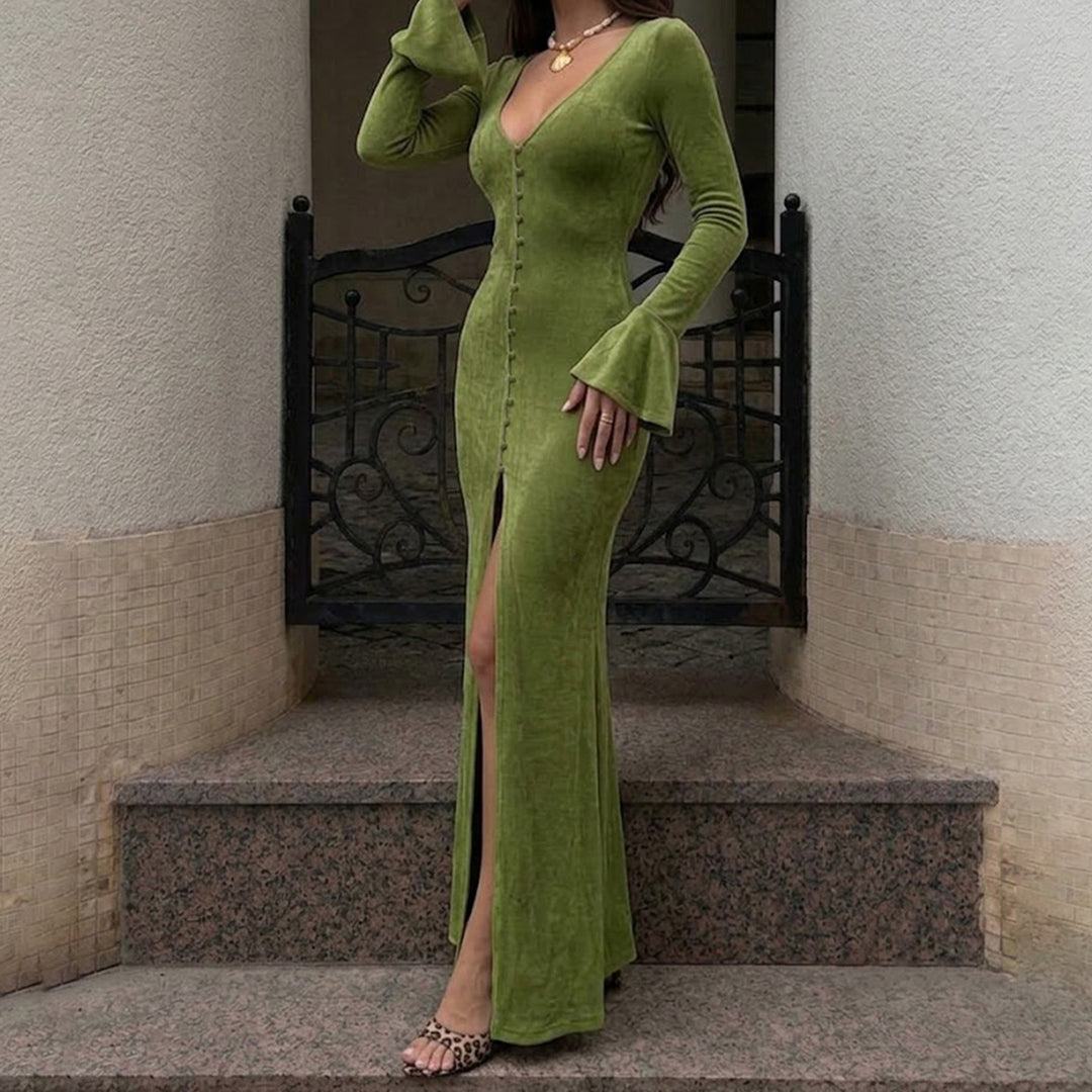 Damen Maxikleid mit figurbetonter Silhouette, durchgehender Zierknopfleiste und Glockenärmeln Drune