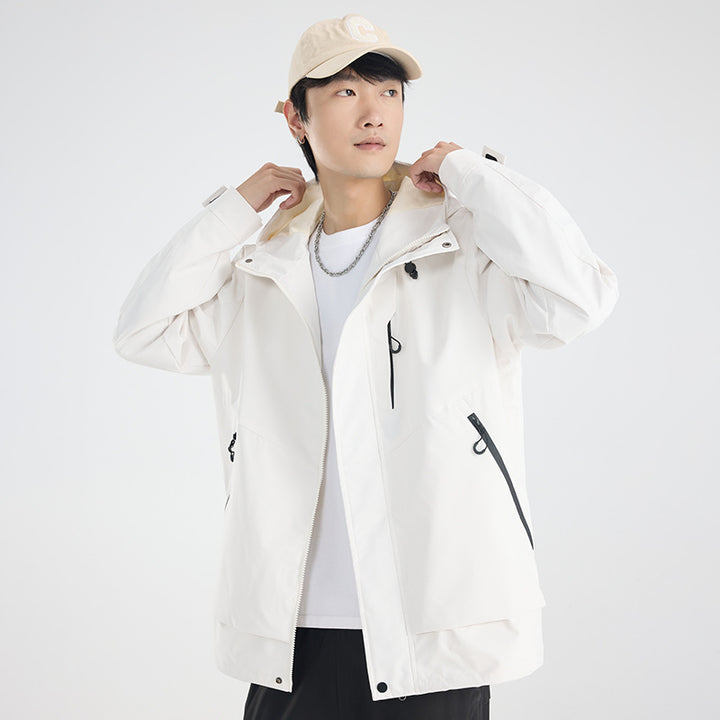 Herren Leichte atmungsaktive zweilagige Regen‑Softshelljacke mit verstellbarer Kapuze und Brusttasche Drune