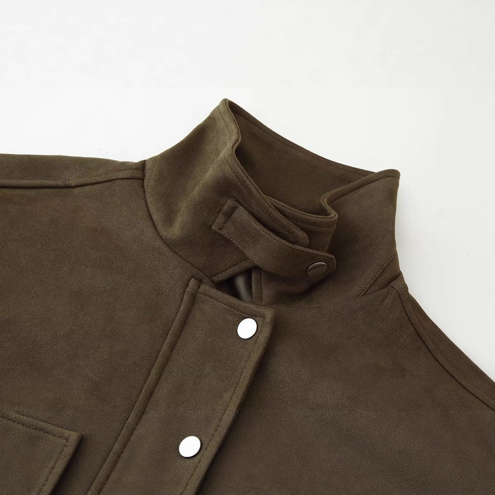 Damen modische Utility-Jacke mit doppelten Brusttaschen und hochschließendem Kragen Drune