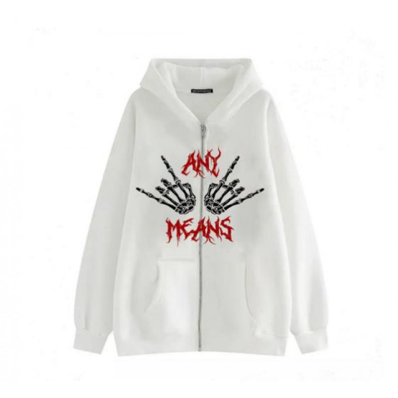 Damen Kapuzensweatshirt mit kreativem Skelettmotiv und praktischem Reißverschluss Drune