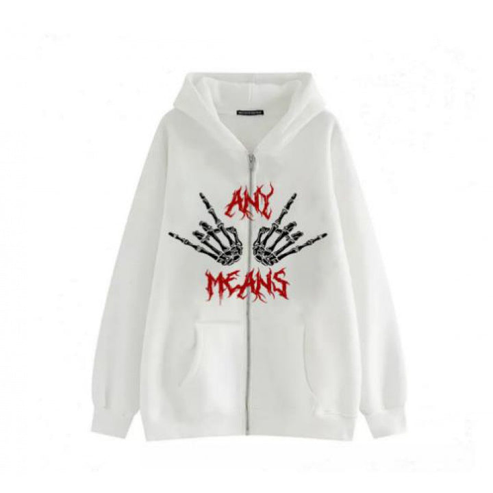 Damen Kapuzensweatshirt mit kreativem Skelettmotiv und praktischem Reißverschluss Drune