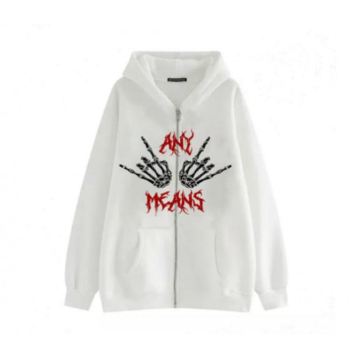 Damen Kapuzensweatshirt mit kreativem Skelettmotiv und praktischem Reißverschluss Drune