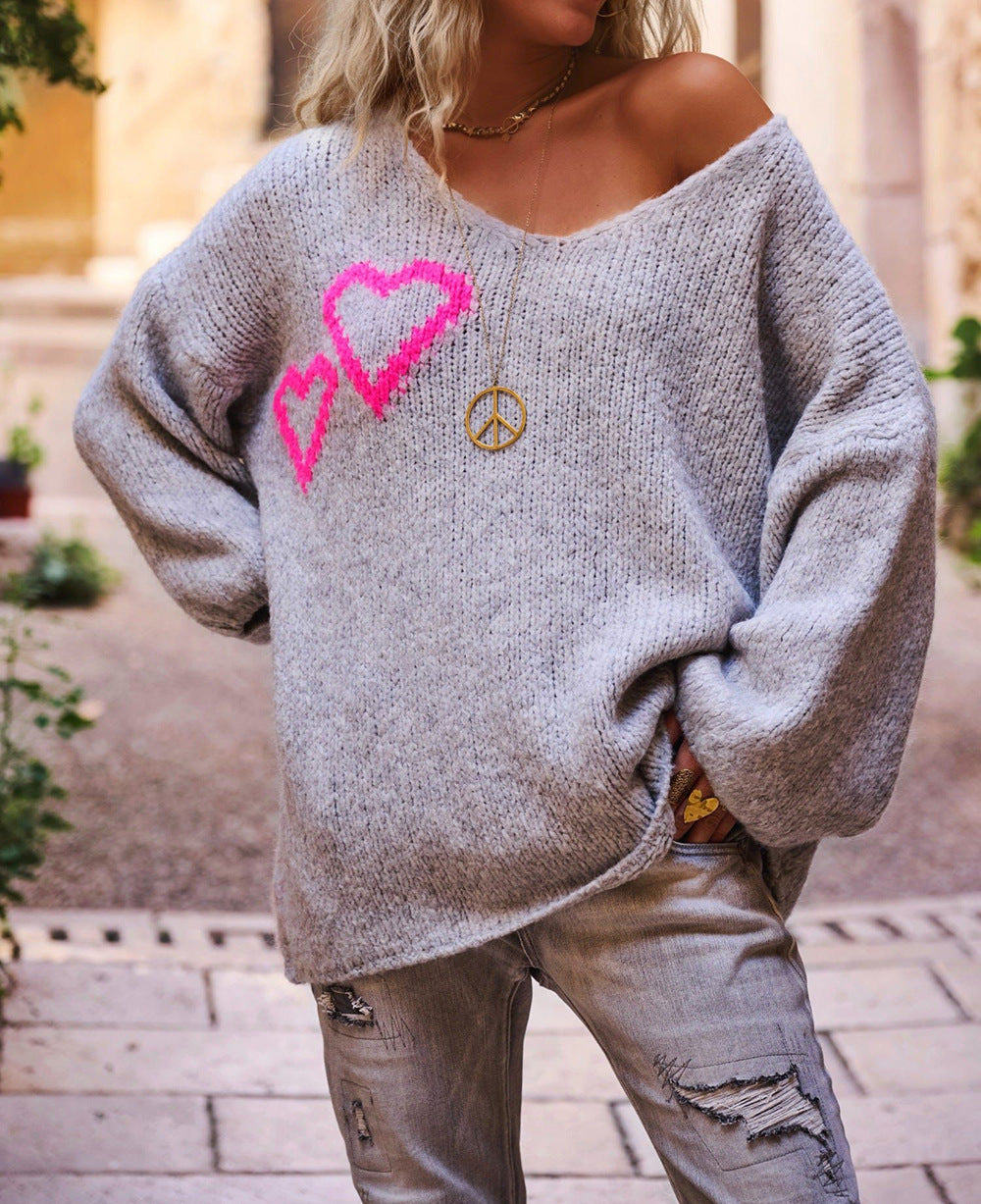 Damen lässiger Strickpullover mit Herzapplikationen und oversize Passform Drune