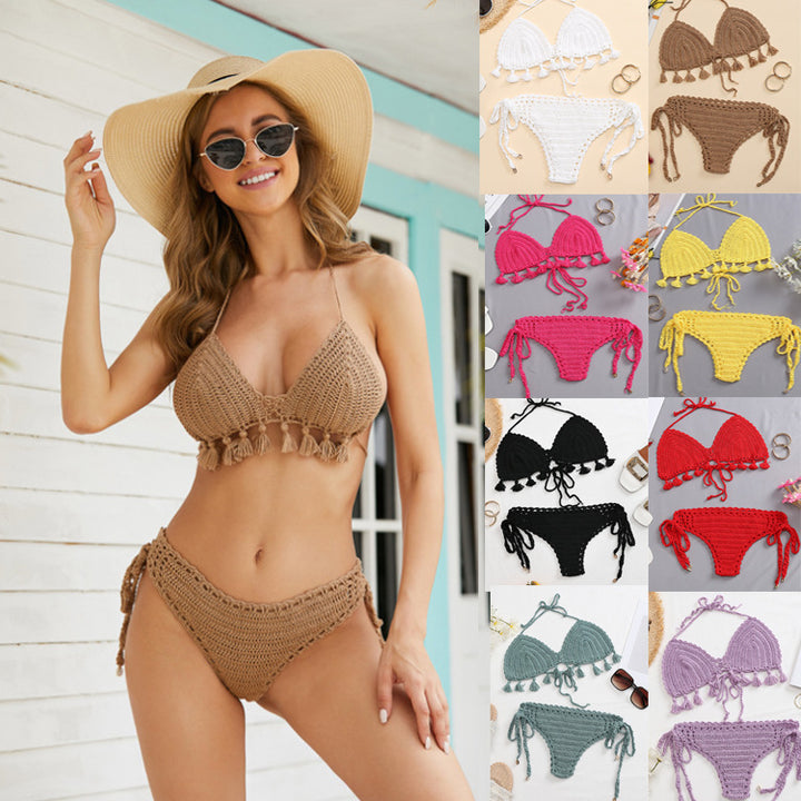 Damen Häkel-Bikini-Set mit verspielten Fransen und verstellbaren Bindebändern Drune