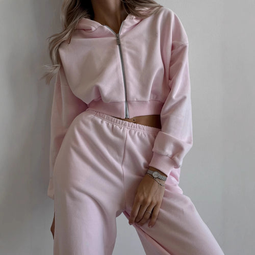 Damen kurzes Zip-Hoodie-Lounge-Set mit taillenhoher Relax-Sweathose Drune