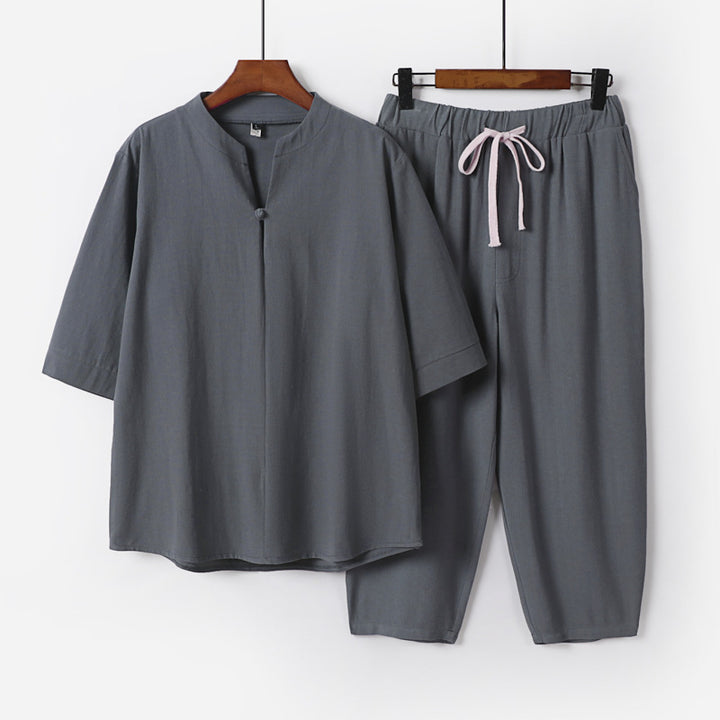 Damen Leichtes Leinen-Baumwoll-Loungewear-Set mit Stehkragen, Dreiviertelärmeln und Gummizugbundhose Drune