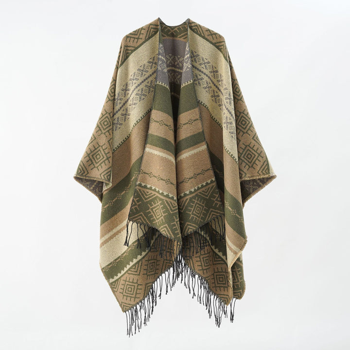 Damen Woven Jacquard-Poncho mit geometrischem Ethno-Muster und Fransensaum Drune