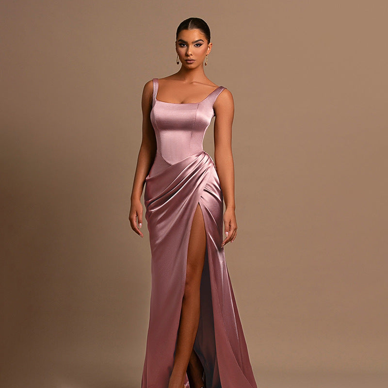 Damen elegantes Maxikleid mit anliegendem Oberteil und hohem Schlitz Drune