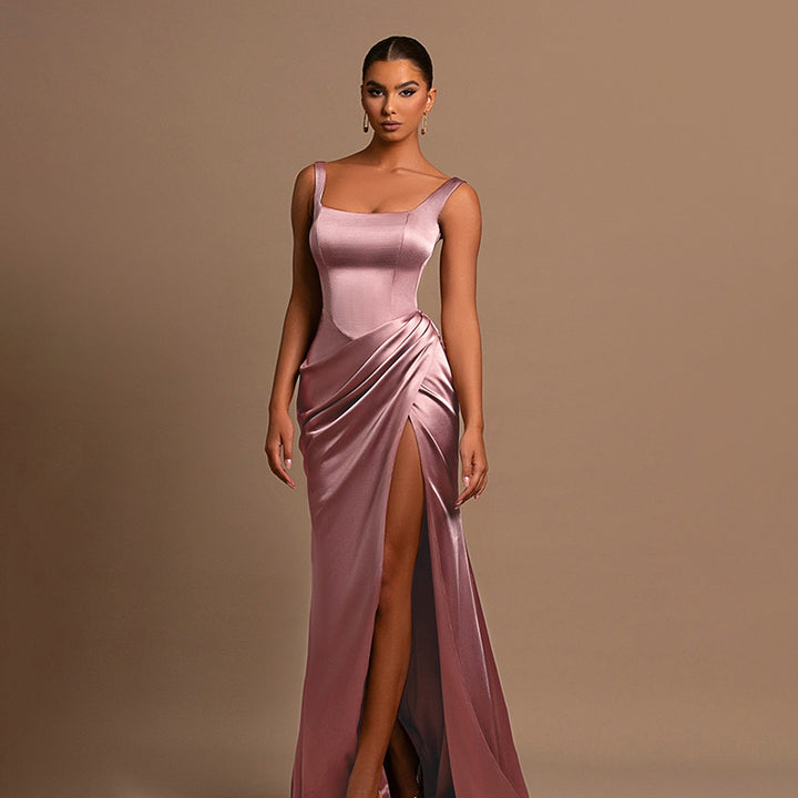 Damen elegantes Maxikleid mit anliegendem Oberteil und hohem Schlitz Drune