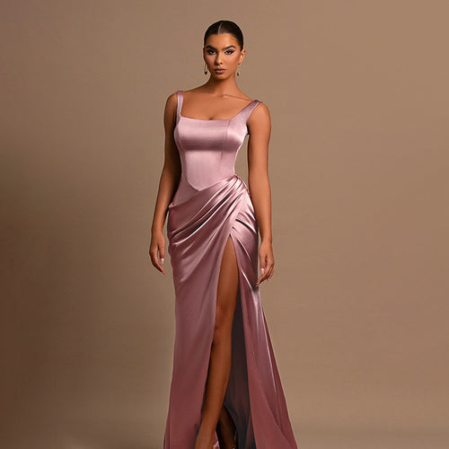Damen elegantes Maxikleid mit anliegendem Oberteil und hohem Schlitz Drune