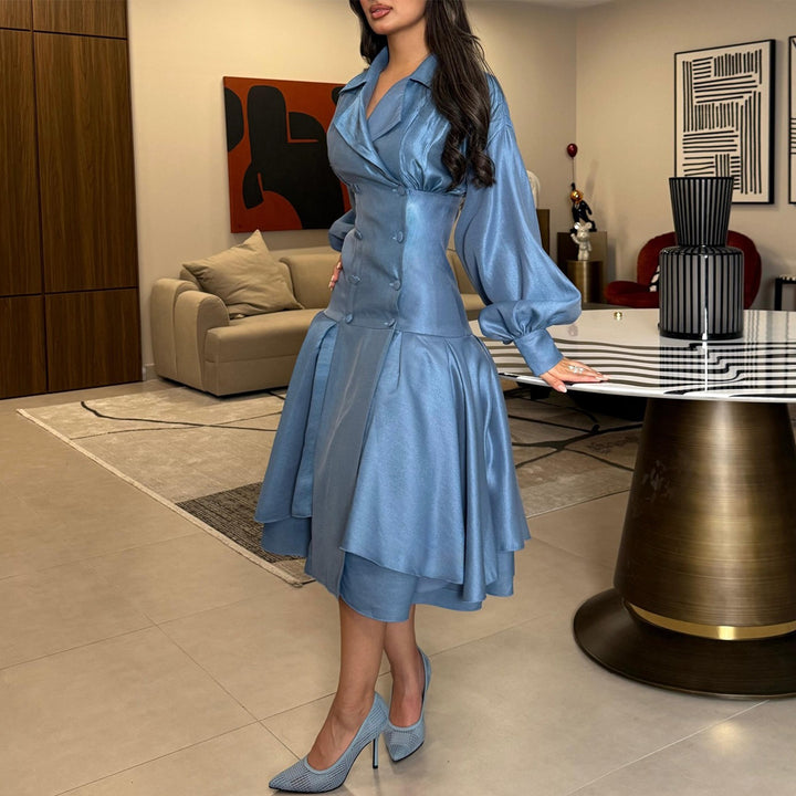 Damen Vintage-inspiriertes A-Linien-Kleid mit eleganten Puffärmeln und Knopfleiste Drune
