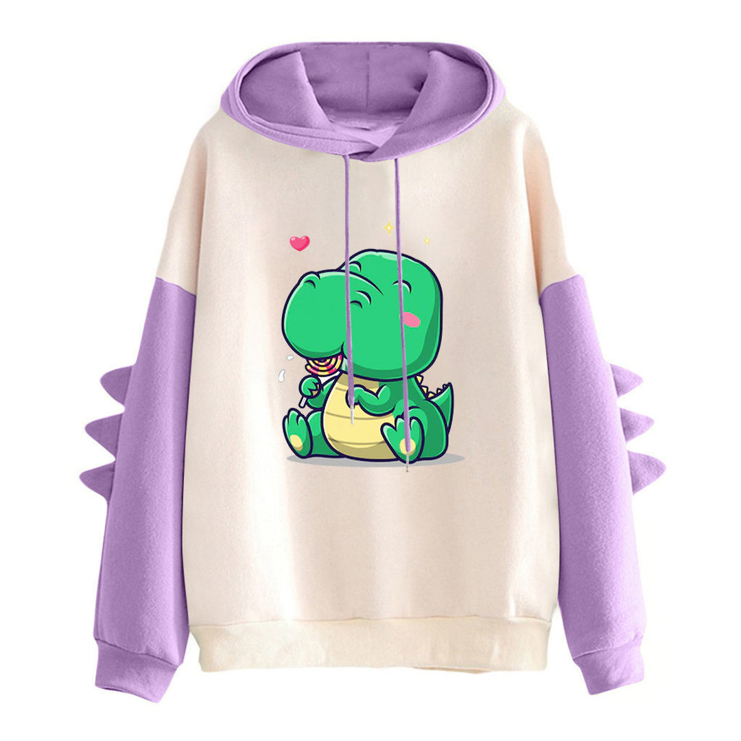 Damen nan Kapuzenpullover mit niedlichem Dinosaurierprint, kuscheligem Innenfutter und dreidimensionalen Ärmeldetails Drune
