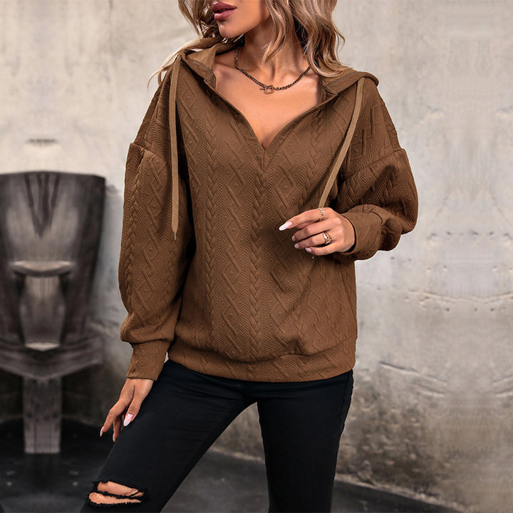 Damen Gemütlicher Strickpullover mit V-Ausschnitt und Kapuze Drune