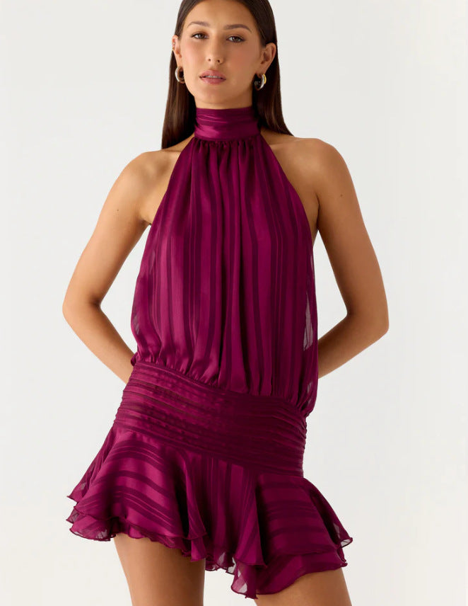 Damen Neckholder Minikleid mit Rüschensaum und gepolstertem Oberteil Drune
