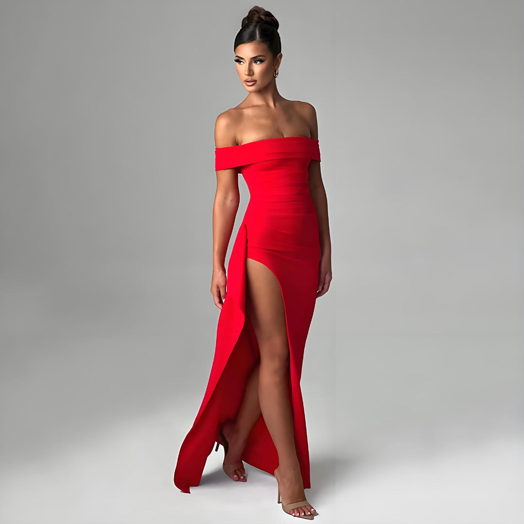 Damen Off-Shoulder Maxikleid mit elegantem Schlitz und figurformendem Schnitt Drune